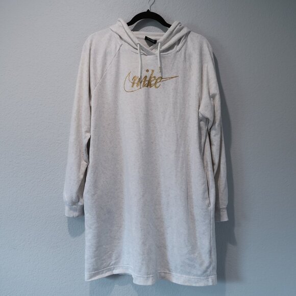 Nike Dresses & Skirts - Nike Dress Womens Oversized Midi Hoodie Tunic Metallic Gold Gray White Top S